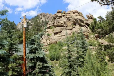 a telephone pole with a mountain in the background at Sunnyside Knoll- 17 cabin in Estes Park