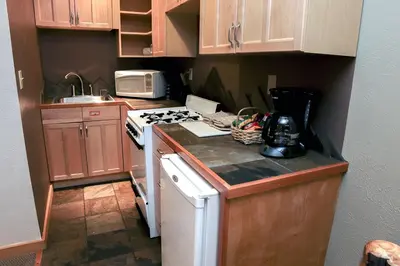 a small kitchen with a stove and a microwave at Fawn Valley Inn- 254 apts in Estes Park