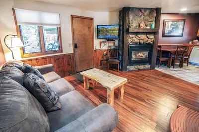 a living room with a couch and a fireplace at Sunnyside Knoll- 5 cabin in Estes Park