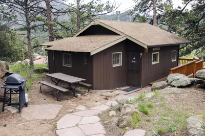 a small cabin with a picnic table and a grill at Lazy R Cottages- 5 cabin in Estes Park