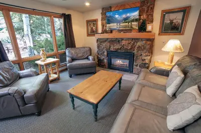 a living room with couches and a fireplace at Sunnyside Knoll- 7 cabin in Estes Park