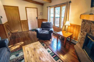 a living room with a chair and a fireplace at Sunnyside Knoll- 8 cabin in Estes Park