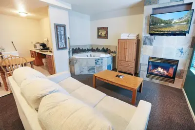 a living room with a couch and a fireplace at Fawn Valley Inn- 104 condo in Estes Park