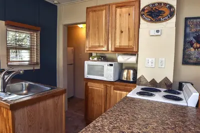a kitchen with a stove and a sink and a microwave at Triple R Cottages- 2 cabin in Estes Park