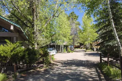 a driveway leading to a house with a car parked in it at Sunnyside Knoll- 6 cabin in Estes Park