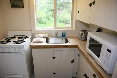a kitchen with a sink and a stove and a microwave at Triple R Cottages- 5 cabin in Estes Park