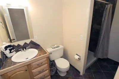 a bathroom with a toilet and a sink and a shower at Fawn Valley Inn- 304 condo in Estes Park
