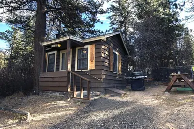 a small wooden cabin with a picnic table in front at Triple R Cottages- 7 cabin in Estes Park