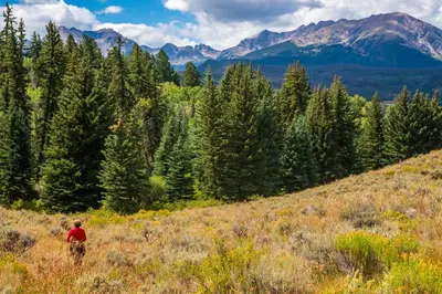 a man walking in a field with mountains in the background at Alpine Vista Haven in Silverthorne