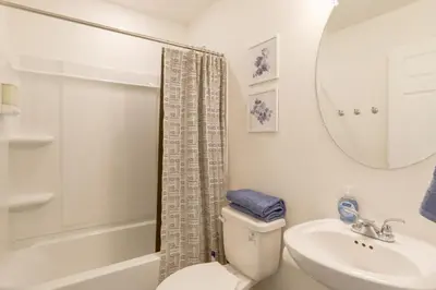 a bathroom with a toilet and a sink and a mirror at 9 Mi to Airport Pet-Friendly Aurora Home with Deck in Aurora