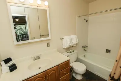 a bathroom with a sink and a toilet and a mirror at Fawn Valley Inn- 293 condo in Estes Park