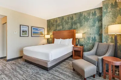 a hotel room with a bed and a chair at Drury Plaza Hotel Denver Central Park in Denver