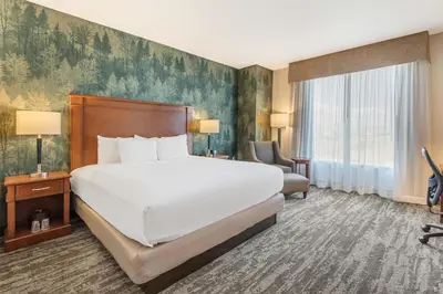 a hotel room with a large bed and a desk at Drury Plaza Hotel Denver Central Park in Denver