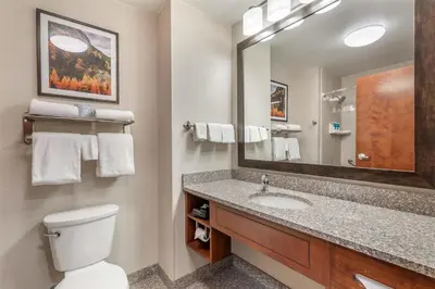 a bathroom with a toilet and a sink and a mirror at Drury Plaza Hotel Denver Central Park in Denver