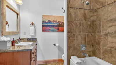 a bathroom with a shower and a sink at Moose Tracks Lodge in Breckenridge