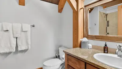 a bathroom with a sink and a toilet and a mirror at Moose Tracks Lodge in Breckenridge