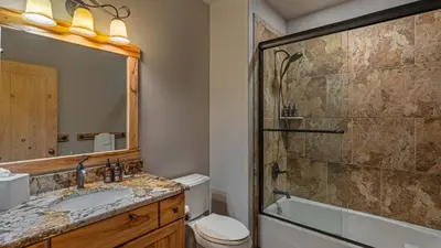 a bathroom with a toilet and a sink and a shower at Alpenglow Peaks Lodge in Breckenridge