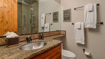 a bathroom with a sink and a toilet and a mirror at Point View Place in Breckenridge