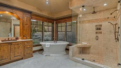 a large bathroom with a tub and a shower at Monte Video in Breckenridge