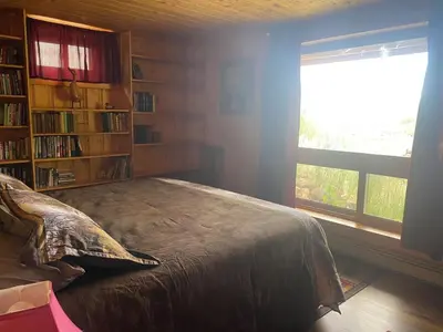 a bedroom with a bed and a book shelf at Wapiti Retreat at 22 West Cabins and Recreation in Walden