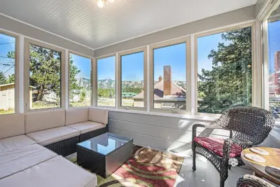 a living room with a couch and chairs and windows at Your Vacation House ---EV#3216 home in Estes Park