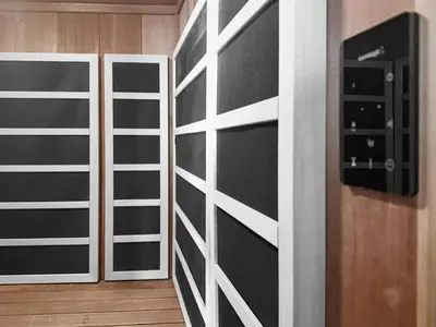 a closet with black and white panels and a door at Snowblaze A24 condo in Winter Park