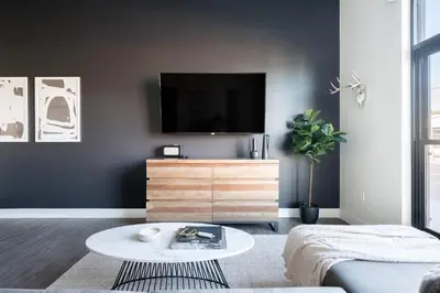 a living room with a tv and a coffee table at Relaxed Elegance | Espadin LoHi in Denver