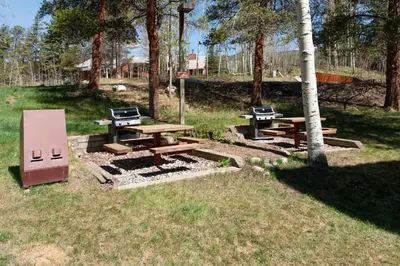 three picnic tables and a grill in a park at Wild Irishman 2 bed 2 bath retreat WIBH in Keystone