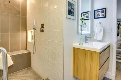 a bathroom with a sink and a shower at half Mi to Lake Dillon Mtn-View Condo in Frisco in Frisco