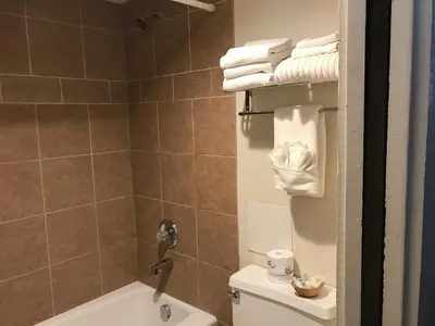 a bathroom with a tub and a toilet and towels at Snowshoe Motel in Frisco