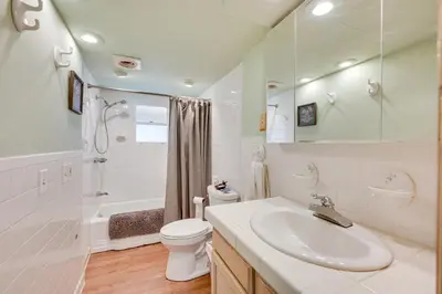 a bathroom with a sink and a toilet and a shower at 17 Mi to Town Peaceful Golden Cabin! in Golden