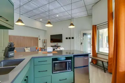 a kitchen with blue cabinets and a sink at Ski Shuttle Access Studio 2 Mi to Keystone Slopes in Keystone