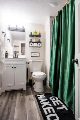 a bathroom with a toilet and a green shower curtain at Rocky Mountain Haven-Modern 2BD, 1BA Basement Retreat in Lakewood in Lakewood