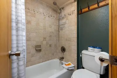 a bathroom with a toilet and a tub and a shower at 1076 Wild Irishman condo in Keystone