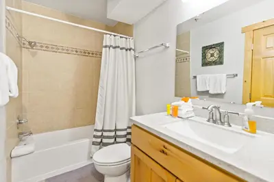 a bathroom with a sink and a toilet and a shower at Rocky Mountain Escape with Vista View - Wildernest in Silverthorne
