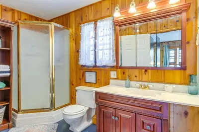 a bathroom with a toilet and a shower and a sink at Charming Idaho Springs Retreat on Chicago Creek! in Idaho Springs