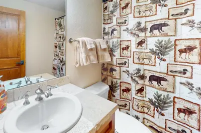 a bathroom with a sink and a shower curtain with animals at Antlers Gulch Townhomes #71 in Keystone