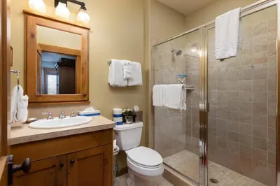 a bathroom with a toilet and a shower and a sink at 45 Thackwell Lane townhouse in Keystone