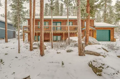 a log home in the woods in the snow at Less Than half Mi to Marina Grand Lake Getaway! in Grand Lake