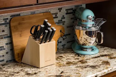 a knife block next to a blender on a counter at Stay in Evergreen - Denver Mountain Escape in Evergreen