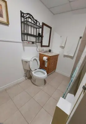 a bathroom with a toilet and a sink and a mirror at Broomfield Home in Broomfield
