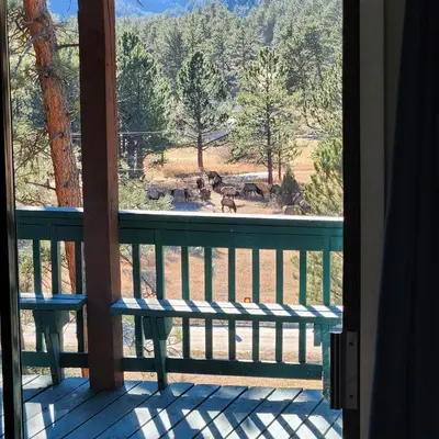 a view of a porch with a bench on a deck at Cozy Mountain Home with Great Views, Deck & WiFi in Lyons