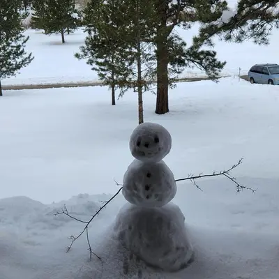 a snowman made out of snow in a yard at Cozy Mountain Home with Great Views, Deck & WiFi in Lyons