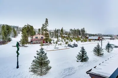 an aerial view of a snow covered yard with trees at 2 Mi to RMNP Mtn-View Grand Lake Loft! in Grand Lake