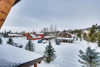 an aerial view of a snow covered town with houses at 2 Mi to RMNP Mtn-View Grand Lake Loft! in Grand Lake