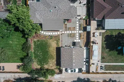 an overhead view of a house with a yard at Beautiful Denver Carriage House in Denver