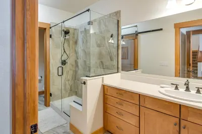 a bathroom with a shower and a sink at Family Home with Hot Tub 6 Mi to Winter Park Resort in Fraser