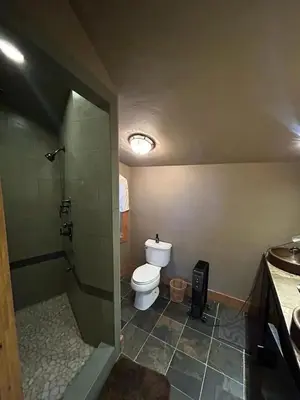 a bathroom with a toilet and a glass shower at Morrison Colorado Mountain Getaway - Red Rocks in Morrison