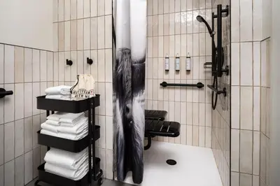 a bathroom with a shower with a long black tail at Moxy Boulder University in Boulder