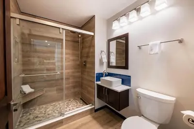 a bathroom with a shower and a toilet and a sink at Premium Unit 1301 - 1 Bedroom - Zephyr Mtn Lodge condo in Winter Park